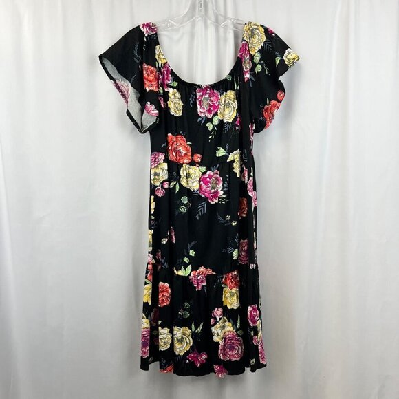 Sweet Lovely Off Shoulder Short Sleeve Floral A-Line Dress Black/Multi Medium - Picture 7 of 9